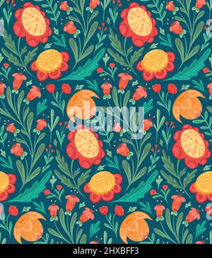 Nahtloses Vektor-Muster mit Blumen mit Folk-Ornamenten auf blauem Hintergrund. Struktur mit floralem Arrangement mit naiven Ornamenten im flachen Stil. Stock Vektor