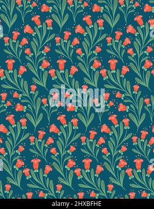 Nahtloses Vektor-Muster mit kleinen roten Blüten in Stielen mit Folk-Ornamenten auf blauem Hintergrund. Struktur mit floralem Arrangement mit naiven Ornamenten. Stock Vektor