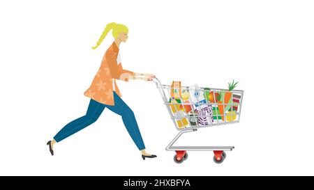 Frau mit vollem Warenkorb. Isoliert auf weißem Hintergrund. Vektorgrafik. Stock Vektor