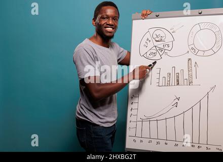 afroamerikanischer Mann macht Projektpräsentation mit Charts und Finanzstatistiken auf Whiteboard über blauem Hintergrund. Consultant Manager, der Werbeplakat für Unternehmen verwendet. Stockfoto