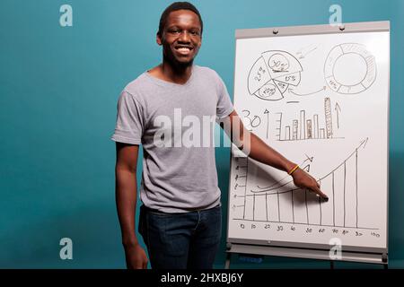Junger Geschäftsmann, der finanzielle Präsentationen auf dem Whiteboard macht und Diagramme und Statistiken verwendet, um den Wirtschaftsbericht im Studio zu erklären. Selbstbewusste Person, die Plakat verwendet, um das Marketing-Wachstum zu planen. Stockfoto