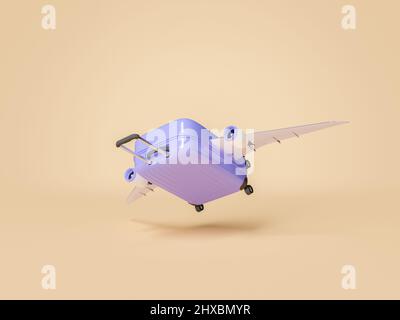 Reisekoffer mit Flugzeugflügeln auf minimalistischem Hintergrund. Konzept von Reisen, Sommer, Fliegen, Passagier und Fluggesellschaft. 3D Rendern Stockfoto