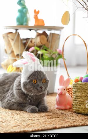 Süße schottische Falte Katze in Hasenohren mit Ostereiern und Kaninchen zu Hause Stockfoto