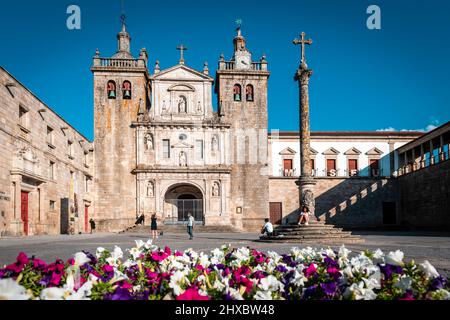 Viseu, Portugal; 3.. September 2021: Historisches Stadtzentrum von Viseu, mit der Kathedrale im Hintergrund und einem Blumenbeet im Vordergrund. Stockfoto