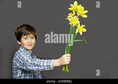 Narcissus - ein Blumenstrauß in der Hand, Blumen Gelber Narzissen Frühlingsblumen Narzissen, Nahaufnahme isoliert auf grauem Hintergrund, Junge mit Blumen, Stockfoto