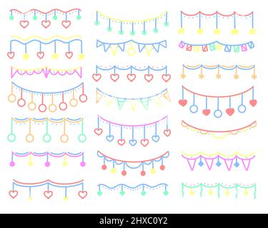 Farbenfrohe festliche Set mit Strapazen und Girlanden im Doodle-Stil. Kollektion handgefertigte Weihnachtsdekorationen. Hängen Dekoration Baby Urlaub isoliert Vektor illustrat Stock Vektor