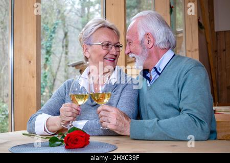 Ein reifes, romantisches Paar kaukasischer Männer und Frauen sitzt in einem Restaurant. Verliebte Senioren, die sich gegenseitig gucken, trinken, toasten und mit Wein in Gläser klirren. Stockfoto