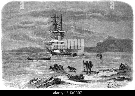 HMS Fox, die von Francis Leopold McClintock in den Jahren 1857 bis 58 an der Bellot-Straße auf der Suche nach der unglücklichen Franklin-Expedition (1845 bis 1848) oder Franklin's Lost Expedition in die kanadische Arktis kommandiert wurde. Vintage Illustration oder Gravur 1860. Stockfoto