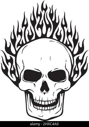 Brennender menschlicher Schädel Schwarz und Weiß. Vektorgrafik. Stock Vektor