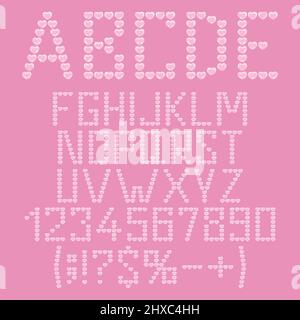 Alphabet, Buchstaben, Zahlen und Zeichen von Kunststoff-Herzblasen, Verpackung Luftpolsterfolie. Satz isolierter Vektorobjekte. Stock Vektor