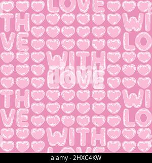 Nahtloses Muster mit rosa Bubble Hearts, Umhüllung mit Luftpolsterfolie, Schriftzug mit Liebe. Farbiger Vektorhintergrund. Stock Vektor