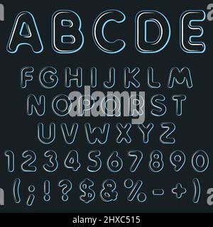 Alphabet, Buchstaben, Zahlen und Schilder aus transparenter Luft, aufblasbare Luftballons. Isolierte Vektorobjekte auf schwarzem Hintergrund. Stock Vektor