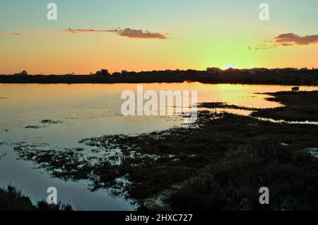 Sonnenuntergang im Parque Ribeirino. Faro, Algarve, Portugal Stockfoto