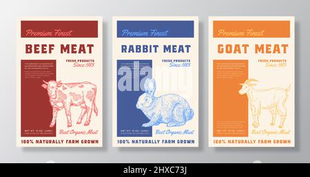 Premium Finest Meat Vector Packaging Produktlabel Design Collection Retro Typografie und handgezeichnete Kuh, Kaninchen und Ziege Skizzen Silhouetten Stock Vektor