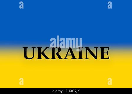 Ukrainische Flagge mit dem Namen Ukraine in schwarz und bunt gemischt Stockfoto