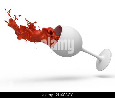 Weinglas mit Rotweinspritzern von Flüssigkeit isoliert auf weißem monochromen Hintergrund. 3D Render von Getränkeschablone zum Toasten und Feiern Stockfoto