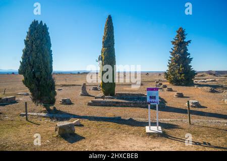 Römische Basilika. Clunia Sulpicia, Peñalba de Castro, Provinz Burgos, Castilla Leon, Spanien. Stockfoto