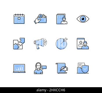 Moderne Arbeit - Moderne Liniendesign Stil Symbole mit editierbaren Kontur gesetzt. Wichtiges Datum, Interview, Gehalt, Problemlösung, Zielsetzung, Remote-Kollabo Stock Vektor