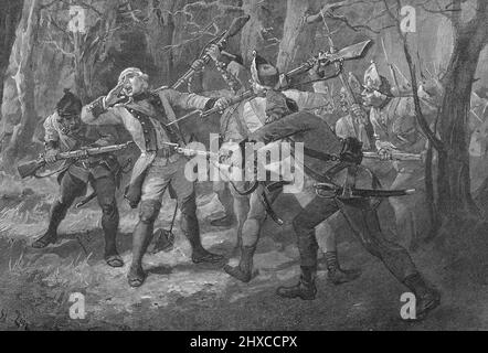 Guerre de Sept ans: la mort de Louis d'Assas du Mercou dit le chevalier d'Assas (1733-1760) Lors de la bataille de Kloster Kampen (Clostercamp) en Westfalie le 16 octobre 1760 (Tod von Nicolas-Louis d'Assas in der Nacht vor der Schlacht von Kloster Kampen 1760) Gravure tiree de 'Sang gaulois' d'Edouard Zier 1905 Collection privee Stockfoto