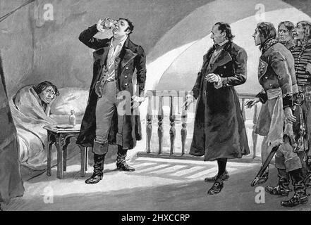 Expedition de Syrie : 'Le chirurgien de Napoleon Bonaparte Rene Nicolas Dufriche, Baron Desgenettes (1762-1837) buvant dans le verre d'un malade de la peste pour nier la maladie et remonter le Moral des troupes 1799 (Expedition nach Syrien: Napoleon Bonaparte's Chirurg Rene Nicolas Dufriche, Baron Desgenettes (1762-1837) trinkt aus dem Glas eines Pestpatienten, um die Krankheit zu leugnen und die Moral der Truppen zu stärken 1799) Gravure tiree de 'Sang gaulois' d'Edouard Zier 1905 Collection privee Stockfoto