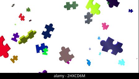 Bild von bunten Puzzleteile fallen auf weißem Hintergrund Stockfoto