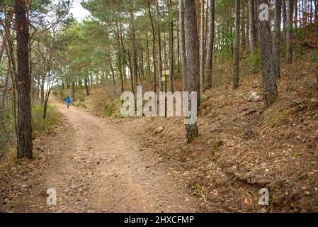 Hinweisschilder auf dem Weg von Prades zum Gipfel des Tossal de la Baltasana, in den Prades-Bergen (Tarragona, Katalonien, Spanien) Stockfoto
