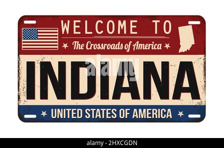 Willkommen bei Indiana vintage rostigen Nummernschild auf weißem Hintergrund, Vektor-Illustration Stock Vektor