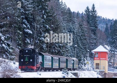 Altenberg, Schmalspurdampfbahn der Weißeritztalbahn am Bahnhof Kipsdorf, Schnee, Erzgebirge, Sachsen, Sachsen, Deutschland Stockfoto