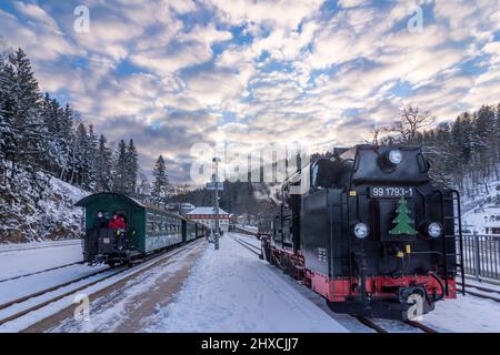 Altenberg, Schmalspurdampfbahn der Weißeritztalbahn am Bahnhof Kipsdorf, Schnee, Erzgebirge, Sachsen, Sachsen, Deutschland Stockfoto