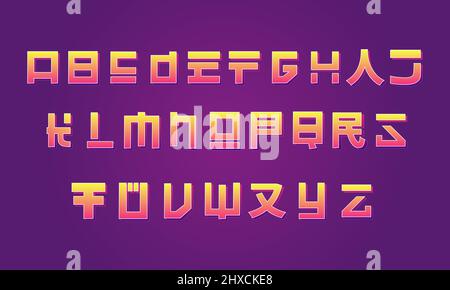 Typografie im japanischen Stil der 90er Jahre für Videospiele, Musik und Filme. Orientalisch fett Text ABC. Vollständiges Alphabet in lebendiger Ästhetik. Retro-Vibes und Japan Stock Vektor