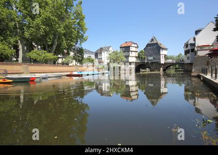 Nahe mit Brückenhäusern in Bad Kreuznach, Rheinland-Pfalz, Deutschland Stockfoto