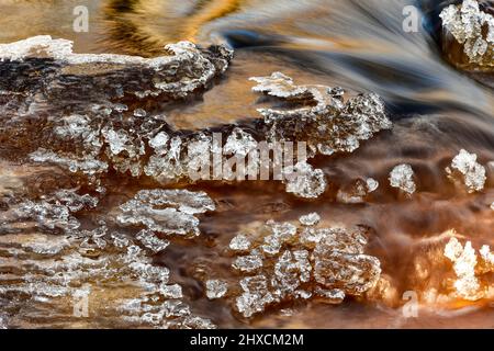 Eis und Kristalle im schnell fließenden Bach, Torup, Halland, Schweden Stockfoto