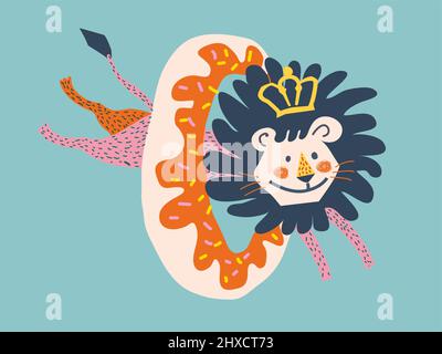 Niedlicher Löwe springt durch einen Donut. Zirkus Tierkünstler Trick mit Donut Stock Vektor