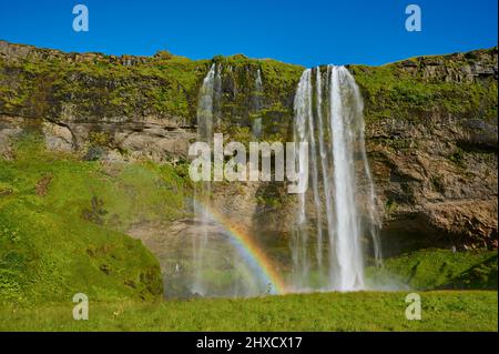 Wasserfall, Regenbogen, Sommer, Seljalandsfoss, Storidalur, Sudurland, SuÃ urnes, Island Stockfoto