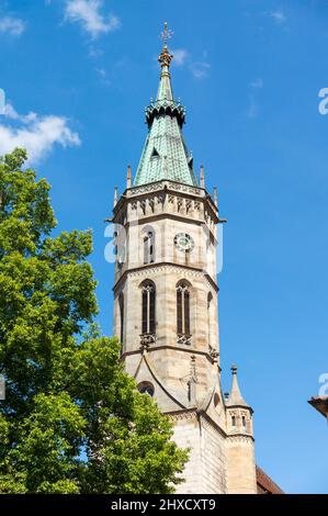 Turm der Stiftskirche St. Amandus in Bad Urach. Stockfoto