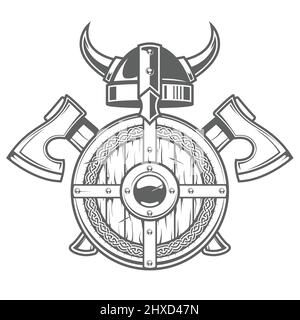Rundes wikingerschild und gehörnter Helm, keltisches Wappen mit zwei gekreuzten Äxten, barbarisches Emblem, Vektor Stock Vektor