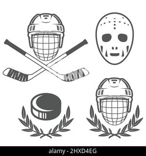 Eishockey-Insignien, Hockeyhelm und Retro-Torwartmaske, Hockey-Puck-Logos, Vektor Stock Vektor