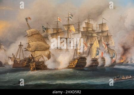 England, Hampshire, Portsmouth, Portsmouth Historic Dockyard, The Royal Navy National Museum, Ölgemälde mit dem Titel „The Battle of Trafalgar“, das die Szene am 21. Oktober 1805 von Thomas Luny darstellt Stockfoto