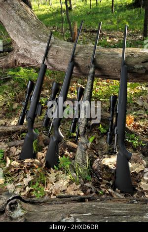 Vier Jagdgewehre mit Scope-Optik, die gegen einen gefallenen Baum schiefen Stockfoto