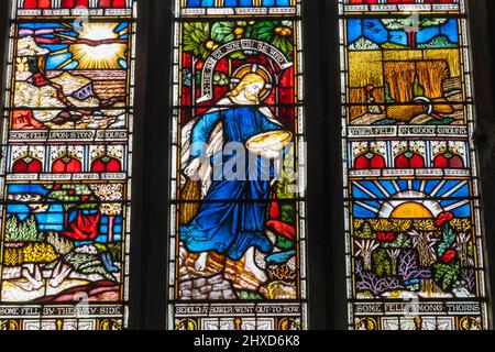 England, Dorset, Isle of Purbeck, Corfe Castle Village, Church of St.Edward, König und Märtyrer, Buntglasfenster mit biblischen Szenen Stockfoto