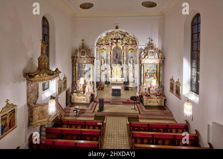 St. Bonifatius, Kirche, Wehrkirche Aschfeld, Hochaltar, Advent, Aschfeld, Main-Spessart, Franken, Bayern, Deutschland Stockfoto
