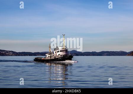 Veteran Schlepper Vulcanus (gebaut 1959) in Byfjorden, auf dem Weg zum Hafen von Bergen, Norwegen. Stockfoto