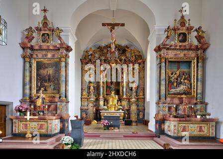 St. Bonifatius, Kirche, Wehrkirche Aschfeld, Aschfeld, Main-Spessart, Franken, Bayern, Deutschland Stockfoto