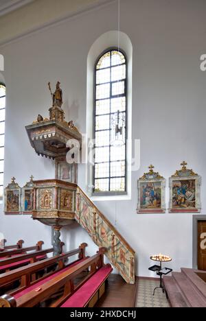 St. Bonifatius, Kirche, Wehrkirche Aschfeld, Aschfeld, Main-Spessart, Franken, Bayern, Deutschland Stockfoto