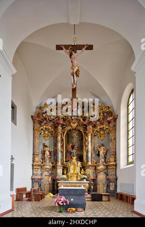 St. Bonifatius, Kirche, Wehrkirche Aschfeld, Aschfeld, Main-Spessart, Franken, Bayern, Deutschland Stockfoto