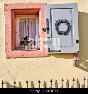 Fotoreportage mit Text, Obere Gasse Nr. 7, Heimstätte, Hausfassade, Fenster, Dekoration, Rothenfels, Main Spessart, Franken, Bayern, Deutschland, Europa Stockfoto