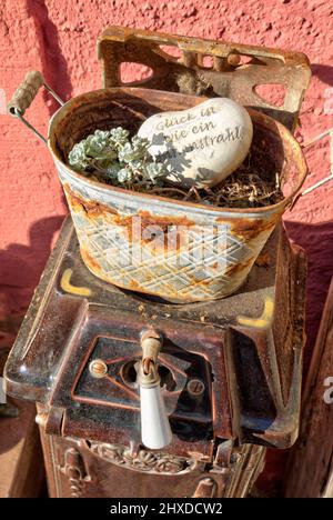 Fotoreportage mit Text, Obere Gasse Nr. 7, Heimstätte, Pflanze, Stein, Text, Alter Herd, Dekoration, Rothenfels, Main Spessart, Franken, Bayern, Deutschland, Europa Stockfoto