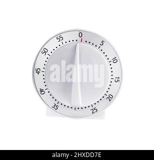 Küchenuhr auf weißem Hintergrund isoliert. Mechanischer Timer. Stockfoto