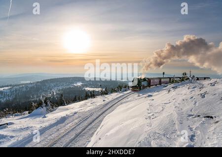 Die Brockenbahn im Harz auf dem Weg zum Brocken. Stockfoto