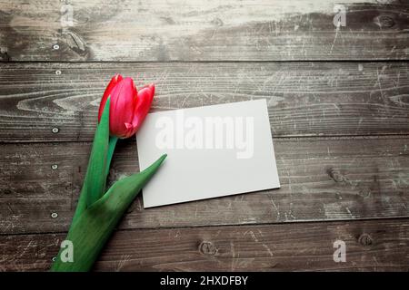 Rosa Tulpen und Geschenkkarte auf Holzhintergrund. Leerzeichen für den Text. Draufsicht Stockfoto